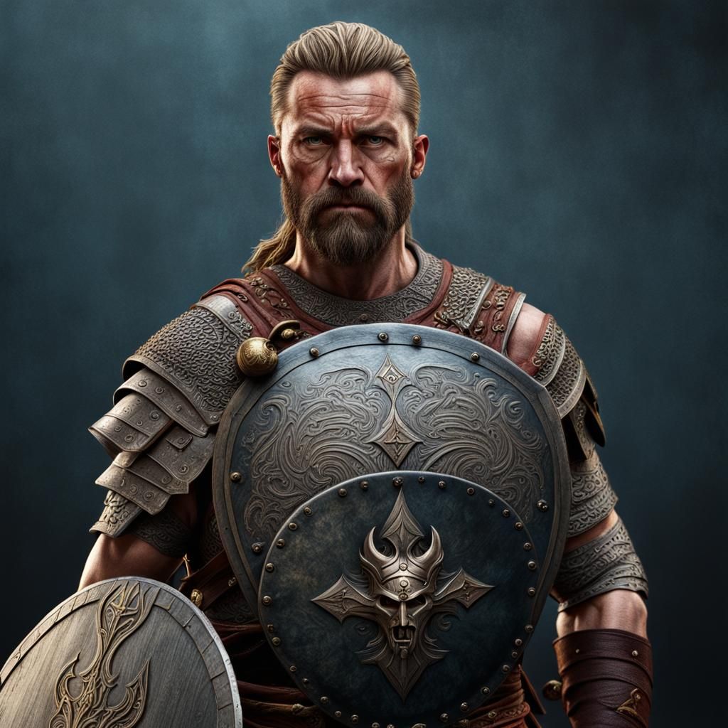 Hyperrealistic Viking Warrior with Sword and Shield
