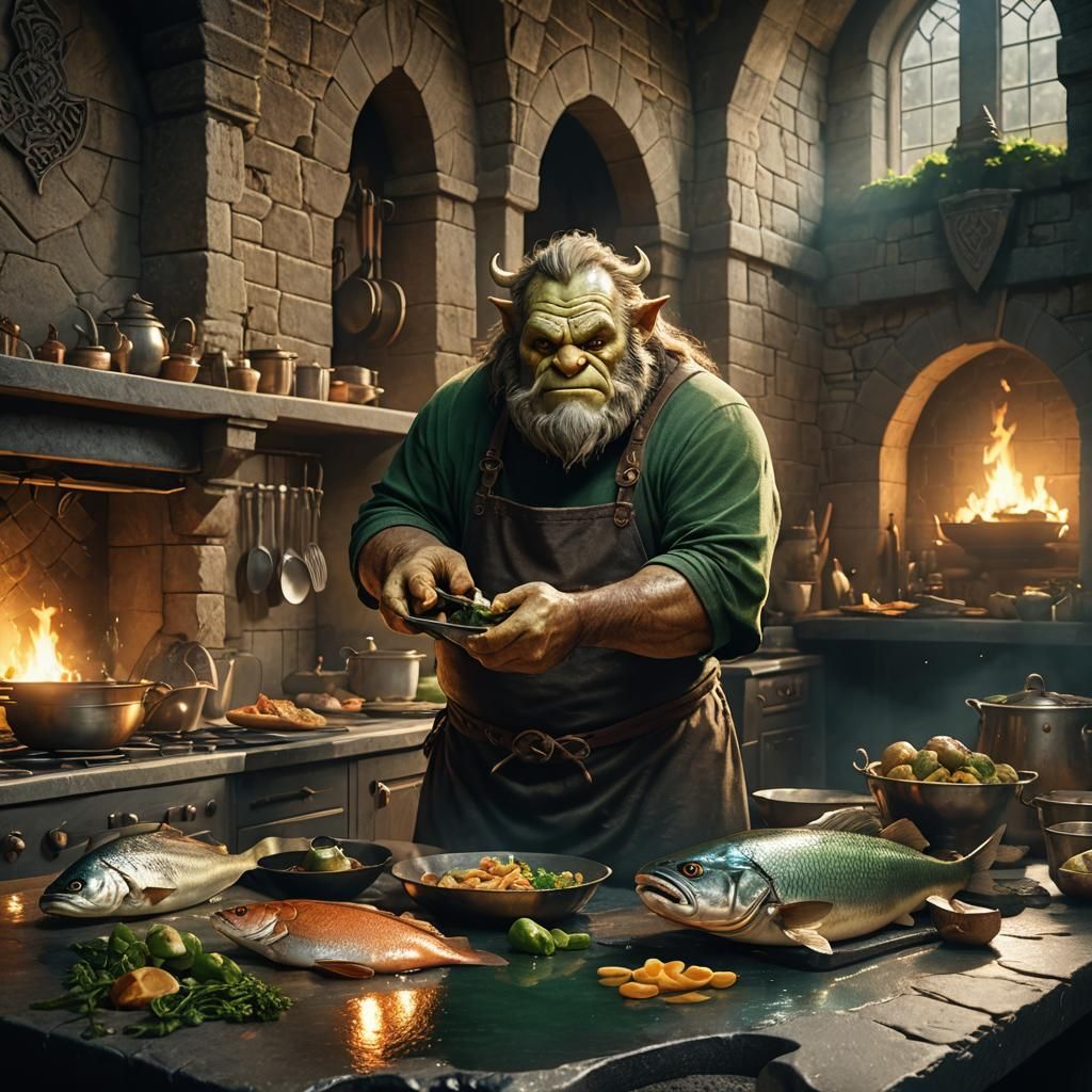 Celtic Ogre Cooking Fish in Modern Kitchen