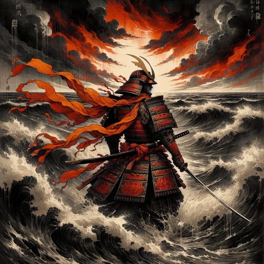 Samurai in Stormy Sea, Japanese Ink and Oil Style