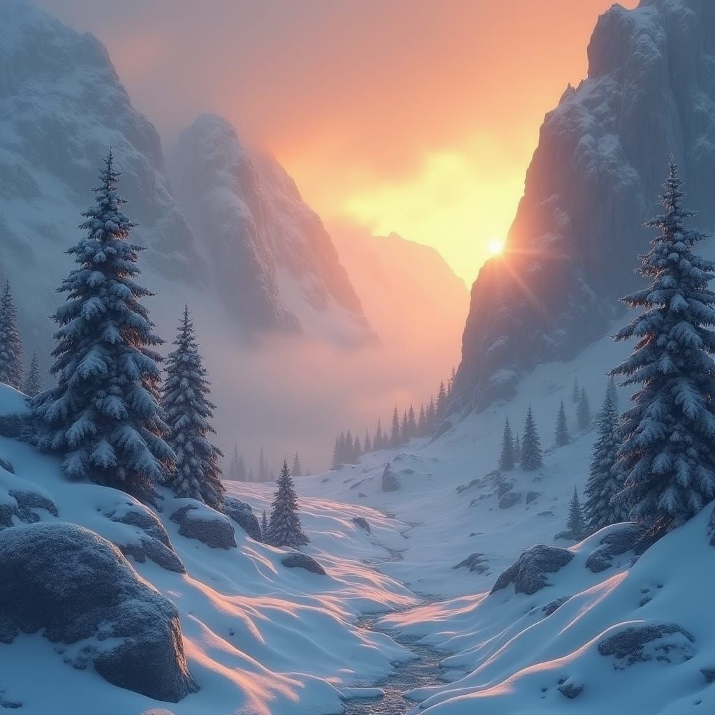 Golden Sunrise Over Snowy Mountain Peaks