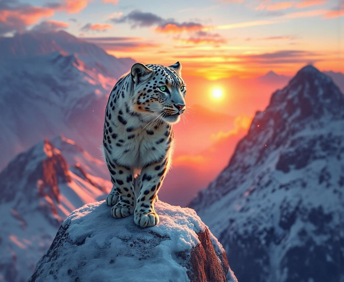 Snow Leopard Surveys Winter Domain in Hyperrealism