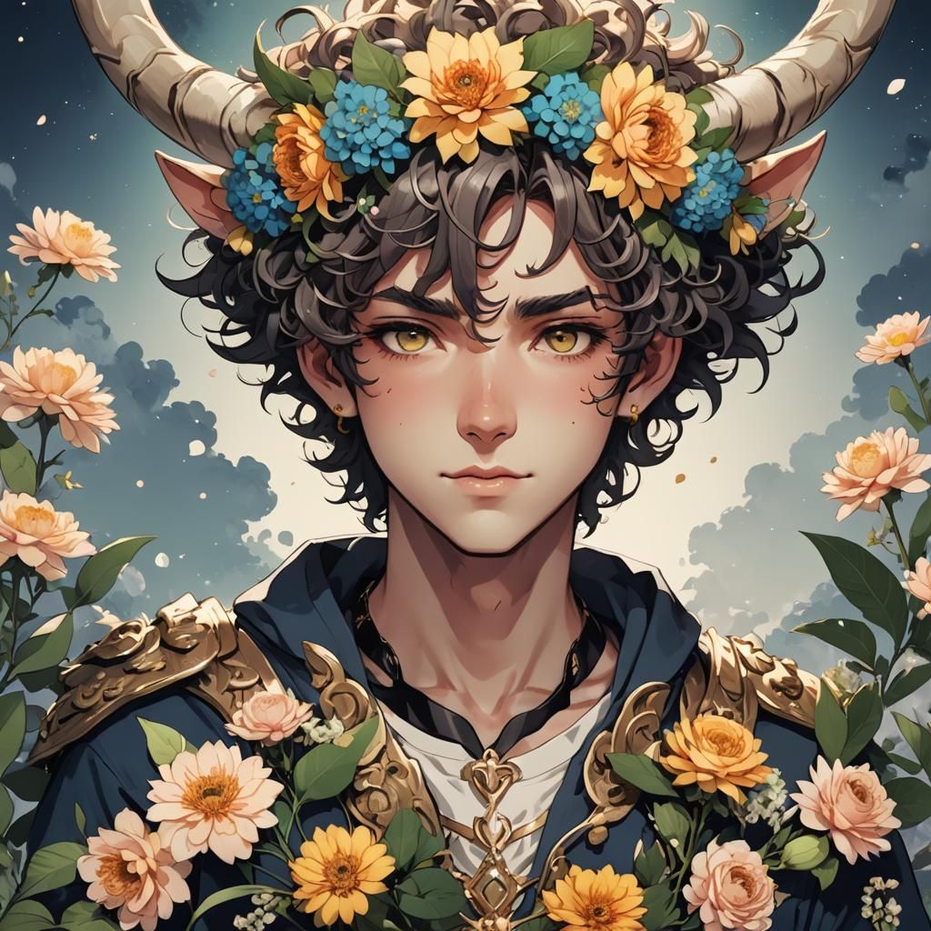 Anime Capricorn Boy with Flower Crown