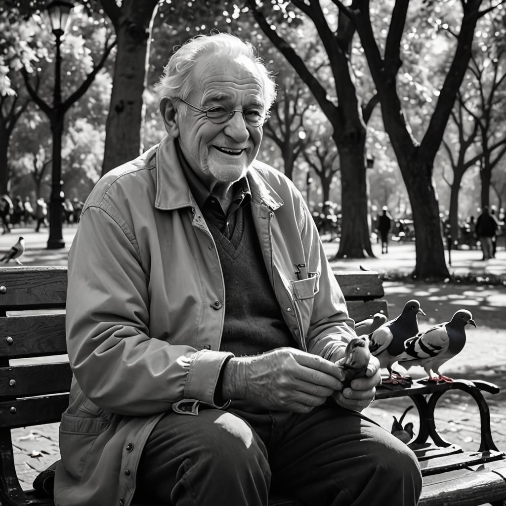 Monochrome Portrait: Happy Old Man Feeding Pigeons