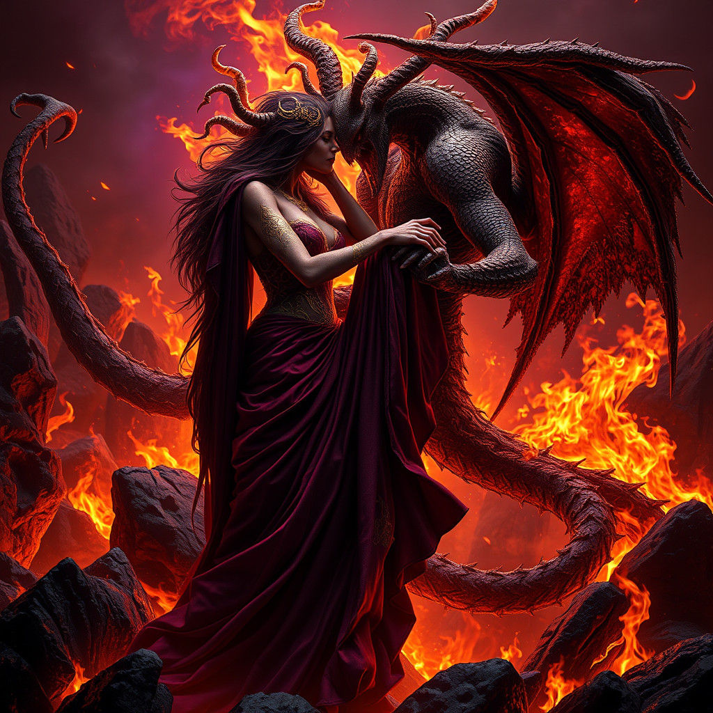 Lilith and Behemoth Waltz in Hellfire, Dark Fantasy Art