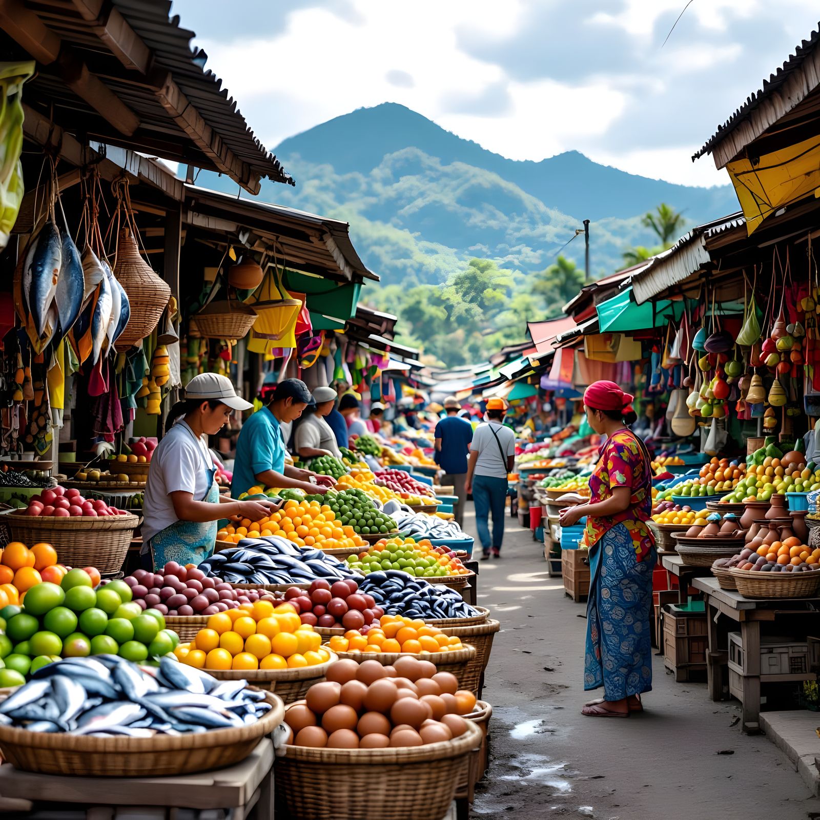 Bustling Indonesian Market Scene: Fish, Fruits, Crafts