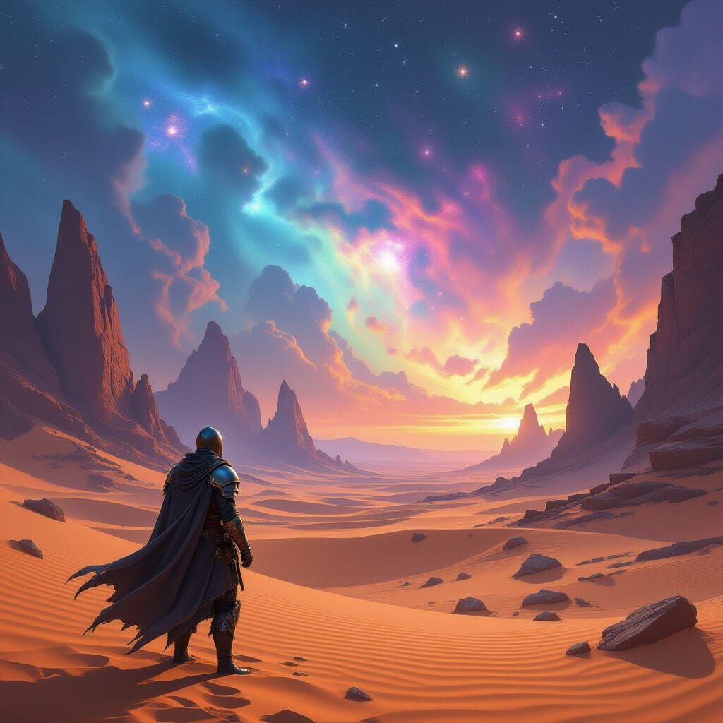 Lone Squire in Alien Desert Under Nebula Sky