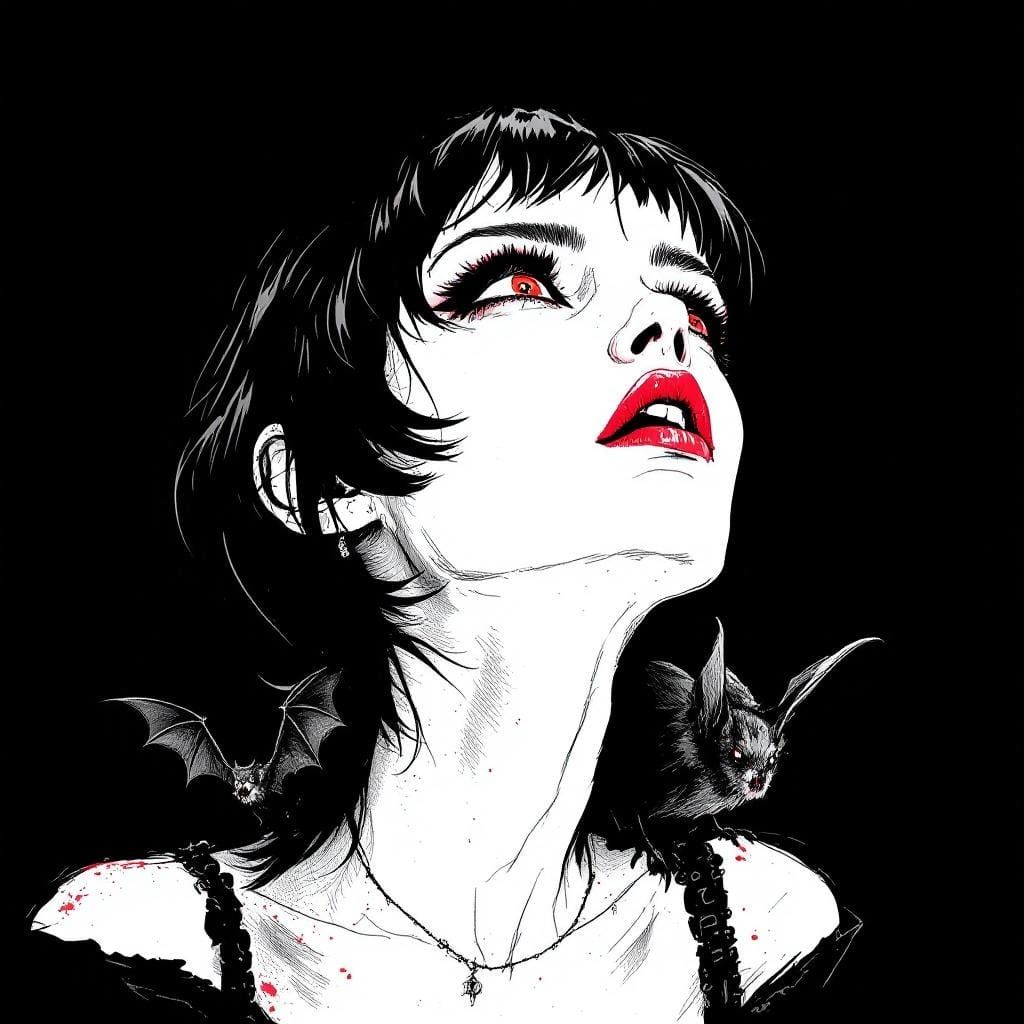 Gothic Vampire Woman Portrait in Noir Ink Illustration