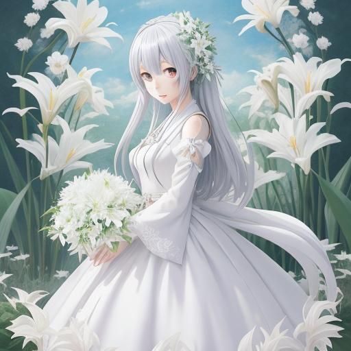 Anime White Lily Flower Girl in Manga Style