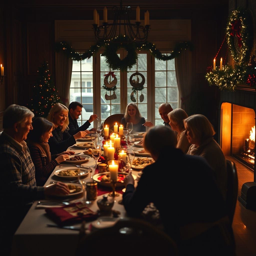 Cozy Christmas Feast in a Golden-Lit Dining Room