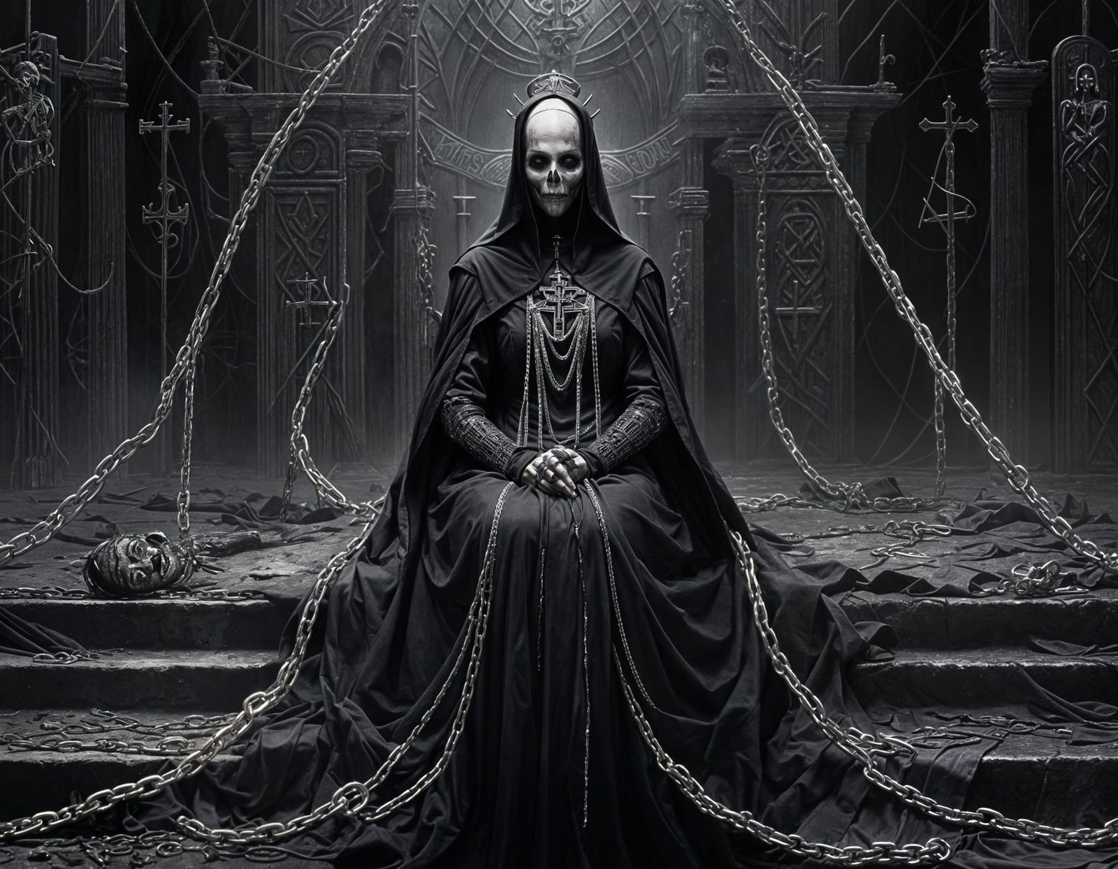 Evil Skeletal Nun with Runes and Chains