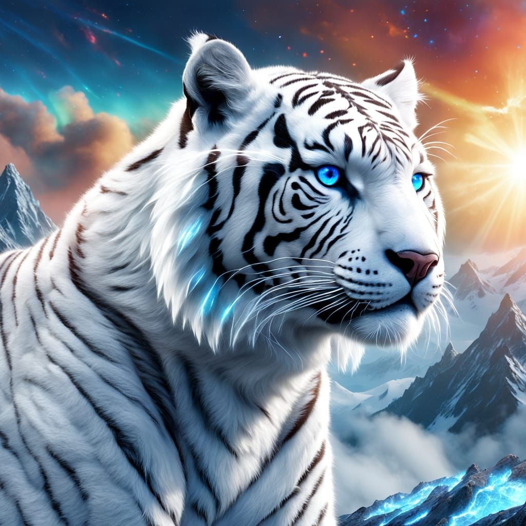 White Woolly Tiger on Cosmic Mountain Peak