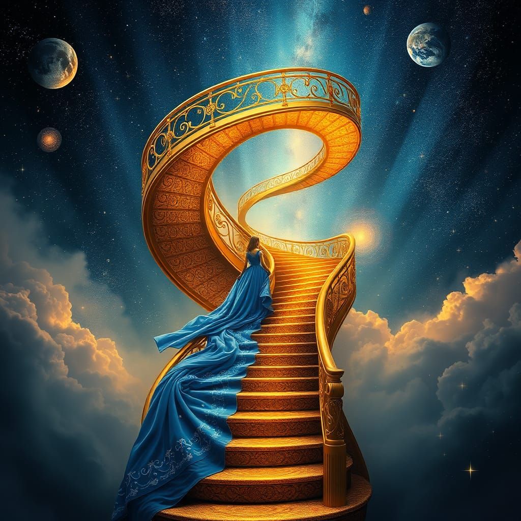 a grand, ornate spiral golden staircase ascending into the c...