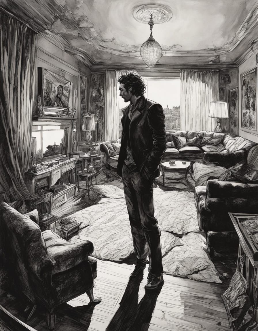 Worried Young Man Searches in a Messy Modern Living Room