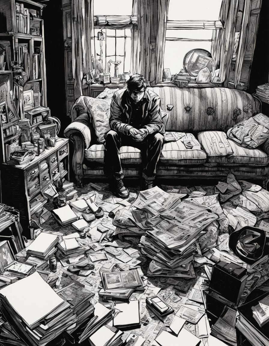 Young Man Searches a Cluttered Modern Living Room in a Moody...