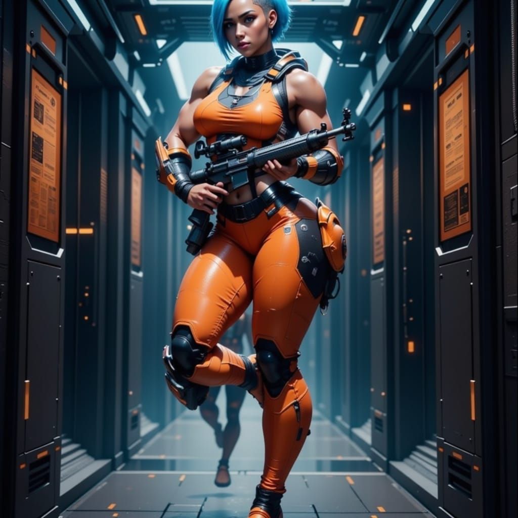 Strong Astronaut Woman in Orange Space Suit, Holding Futuris...