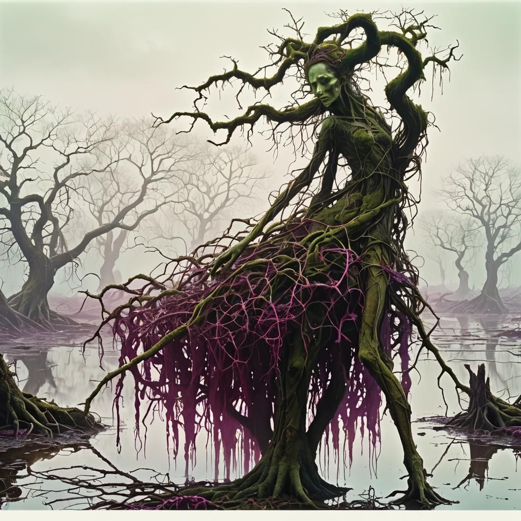 Eerie Surrealism: Fiona in a Mystical Swamp