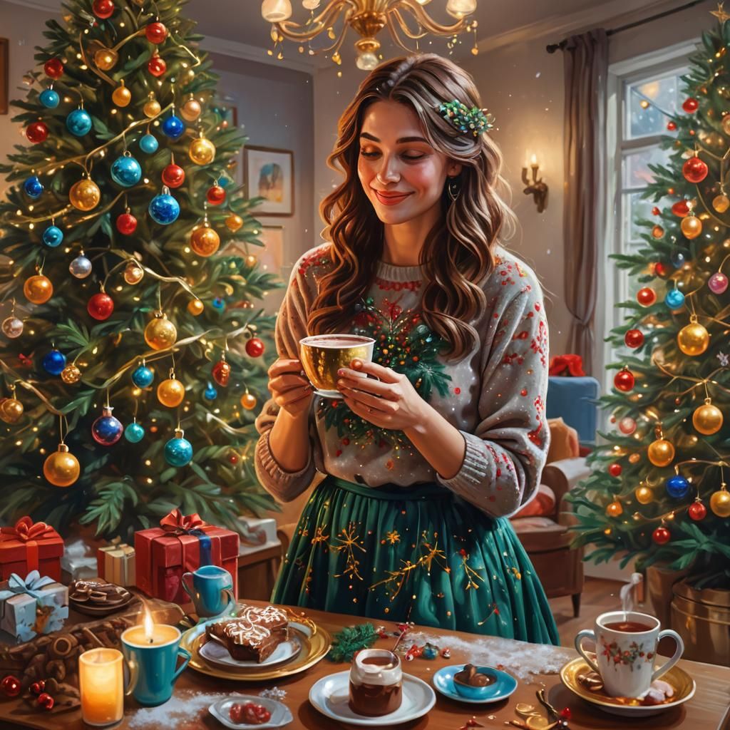 Festive Woman Decorates Christmas Tree: Oil Painting