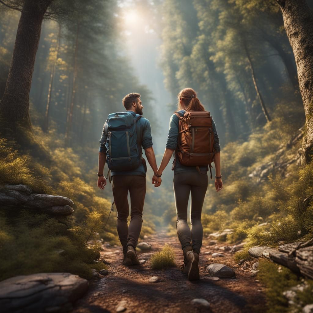 Couple Hiking in Hyperrealistic Fantasy Forest