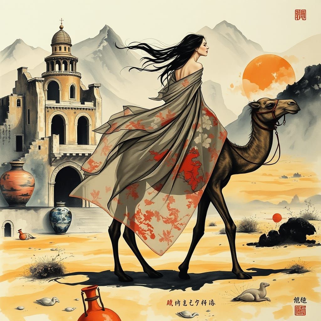 Lady Godiva in Vibrant, Abstract Desert Landscape