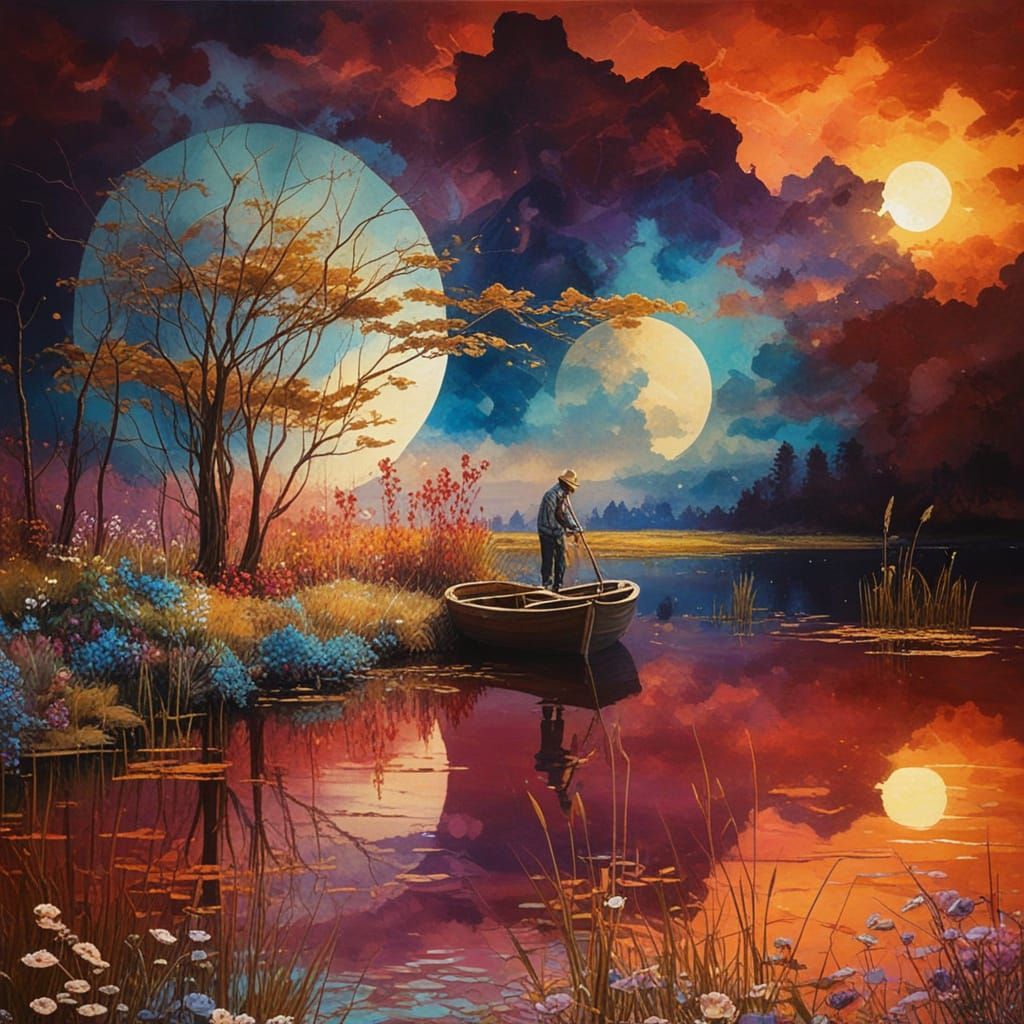 Surreal Sunset Pond Scene in Impasto Style