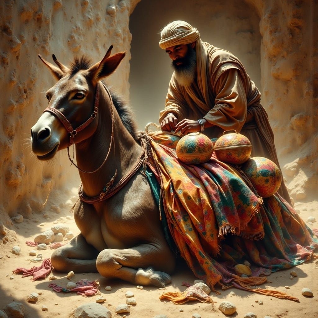 Donkey Resting with Middle Eastern Goods, Baroque Style