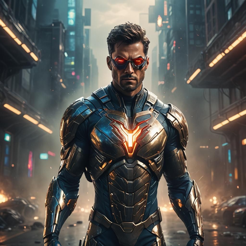Sci-Fi Superhero in Metallic Armor: Cinematic Digital Art