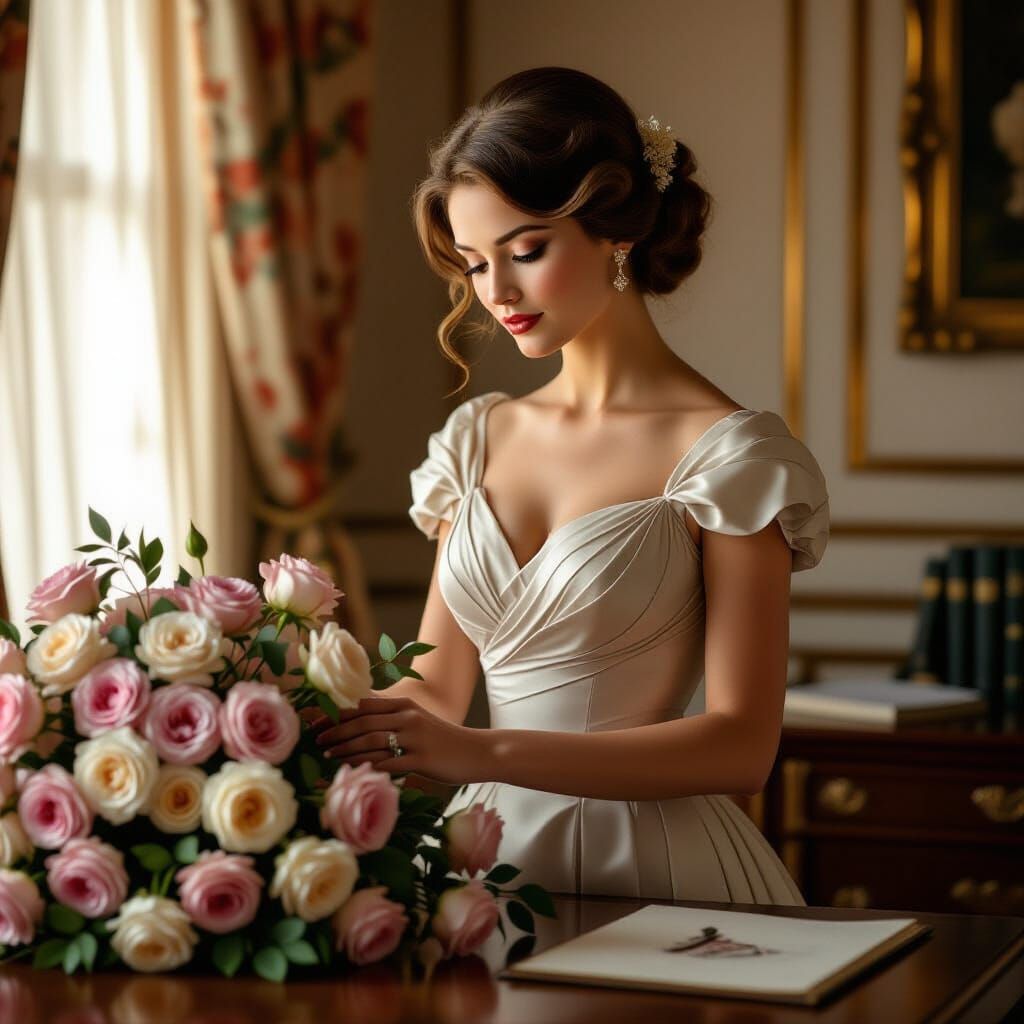 Elegant Woman Arranging Roses in Opulent Office