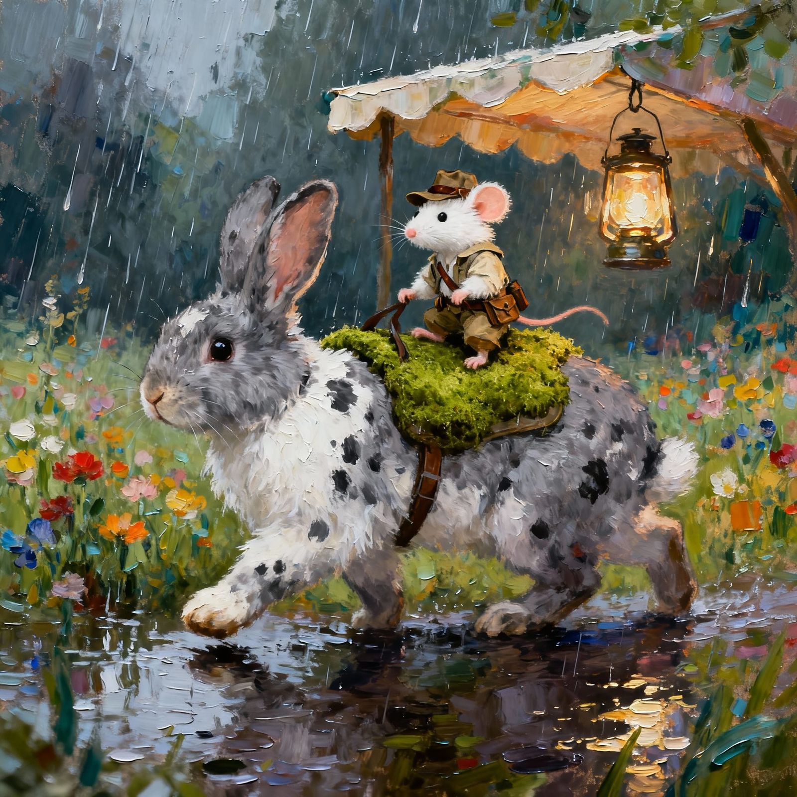 Fluffy Bunny Gives Mouse a Ride in Rainy Flower Field