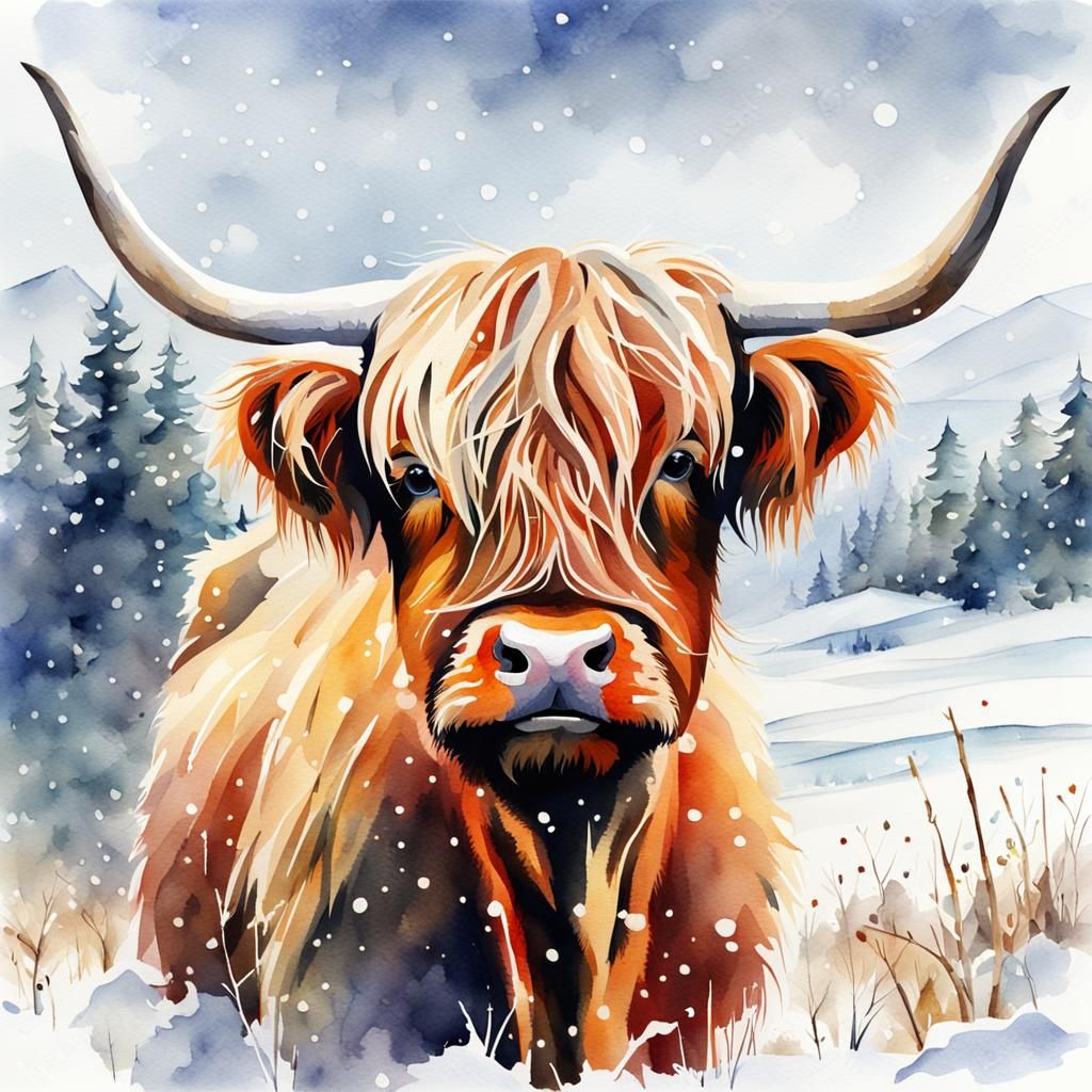Watercolor Highland Cow in Winter Snow
