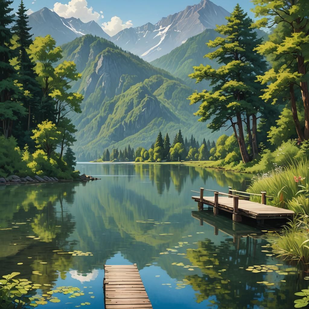 Lakeside Scene with Mountains, Fantasy Concept Art