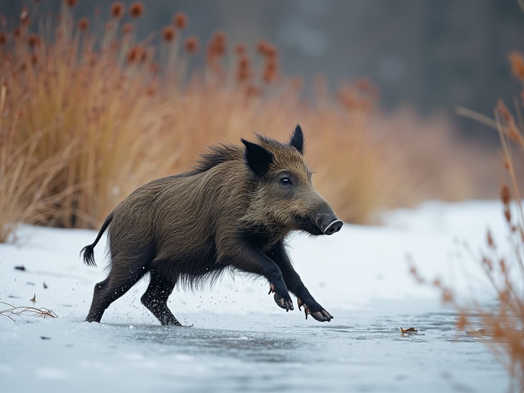 Comedic Wild Boar Slipping on Icy Pond in Hyper-Realistic St...