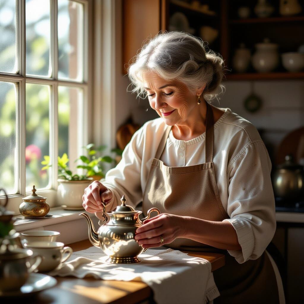Elderly Woman Polishes Antique Teapot in Sunlit Kitchen