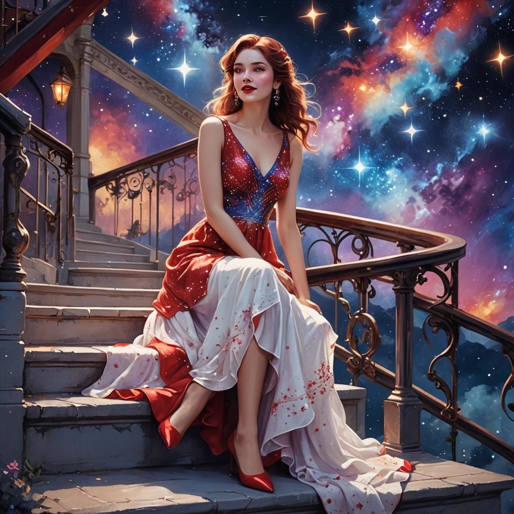 Enchanting Woman on Steps to the Universe