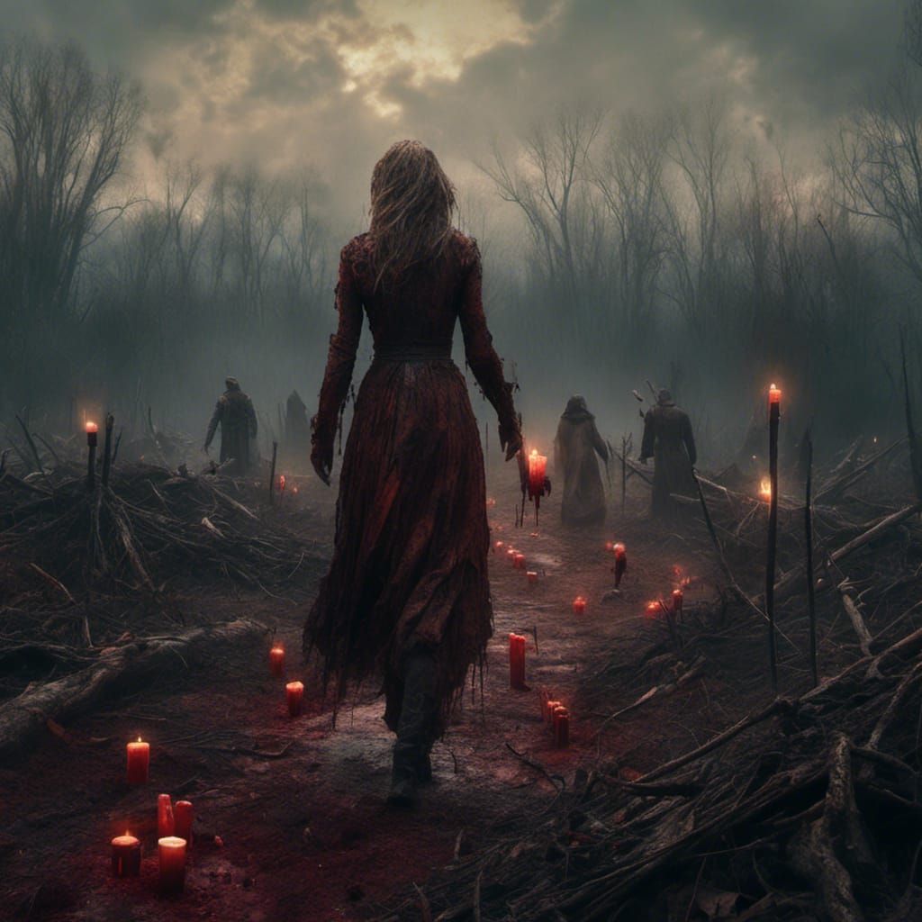 Macabre Scene: Woman Pursued by Cloaked Figures