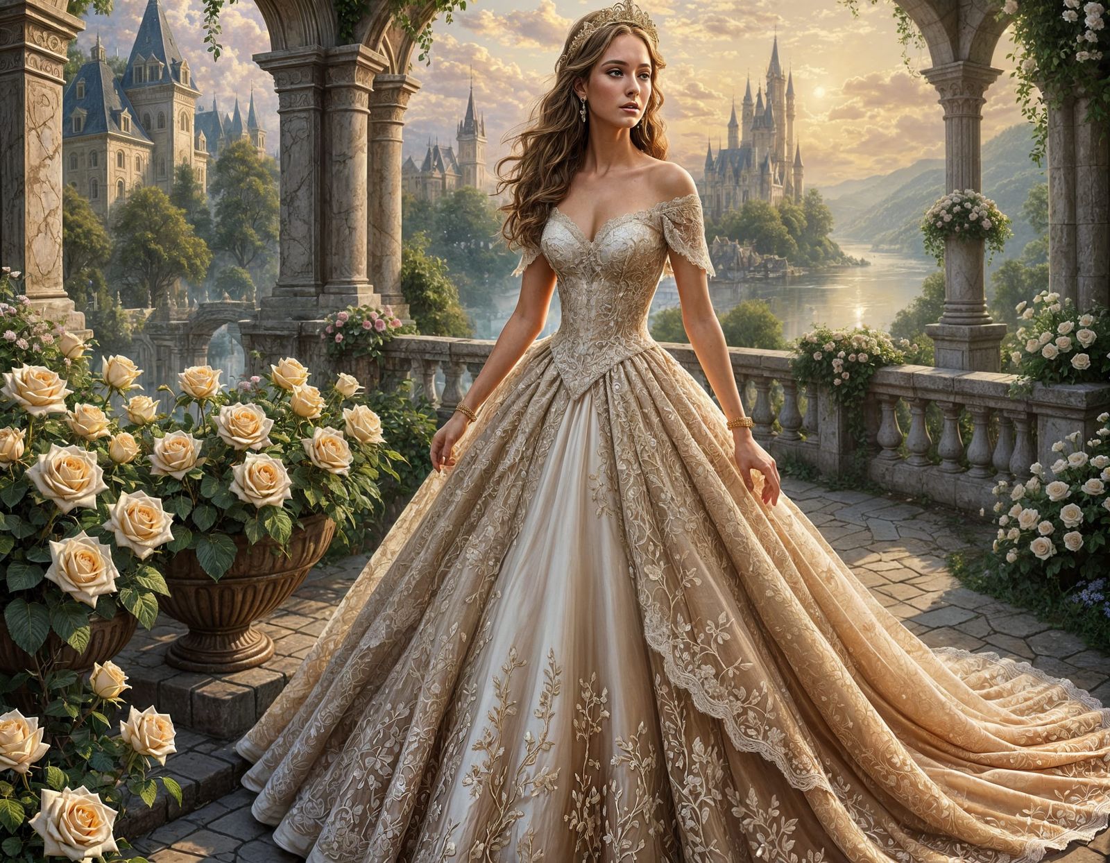Ethereal Bride in Lace and Gold: Hyperrealistic Fantasy
