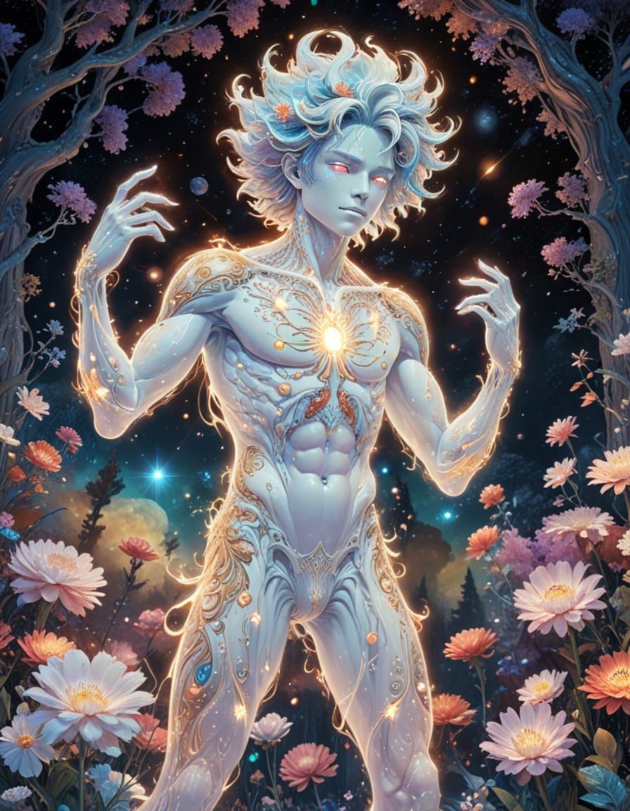 Ethereal Anime Ghost with Floral Patterns in Enchanted Fores...