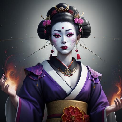 Geisha in Kimono with White Makeup: Fantasy Art