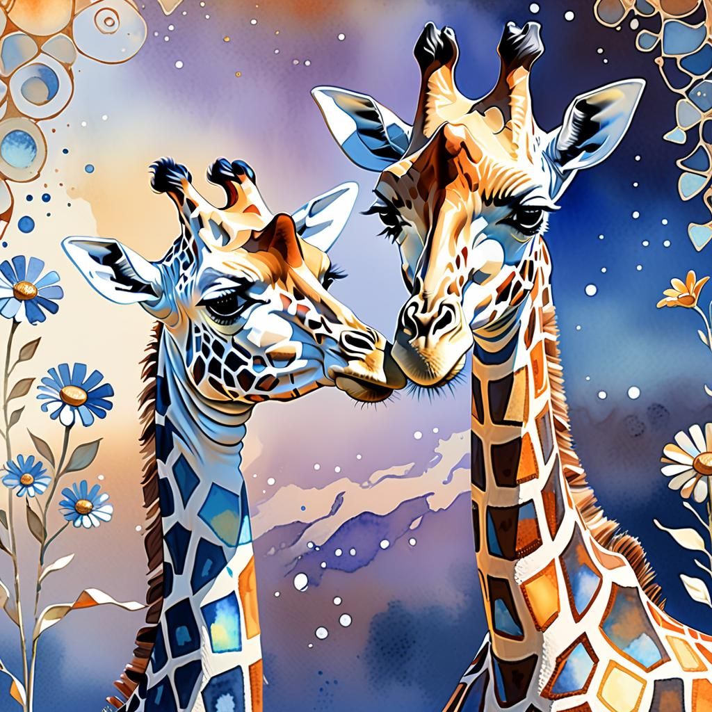 Watercolor Giraffes in Art Nouveau Style