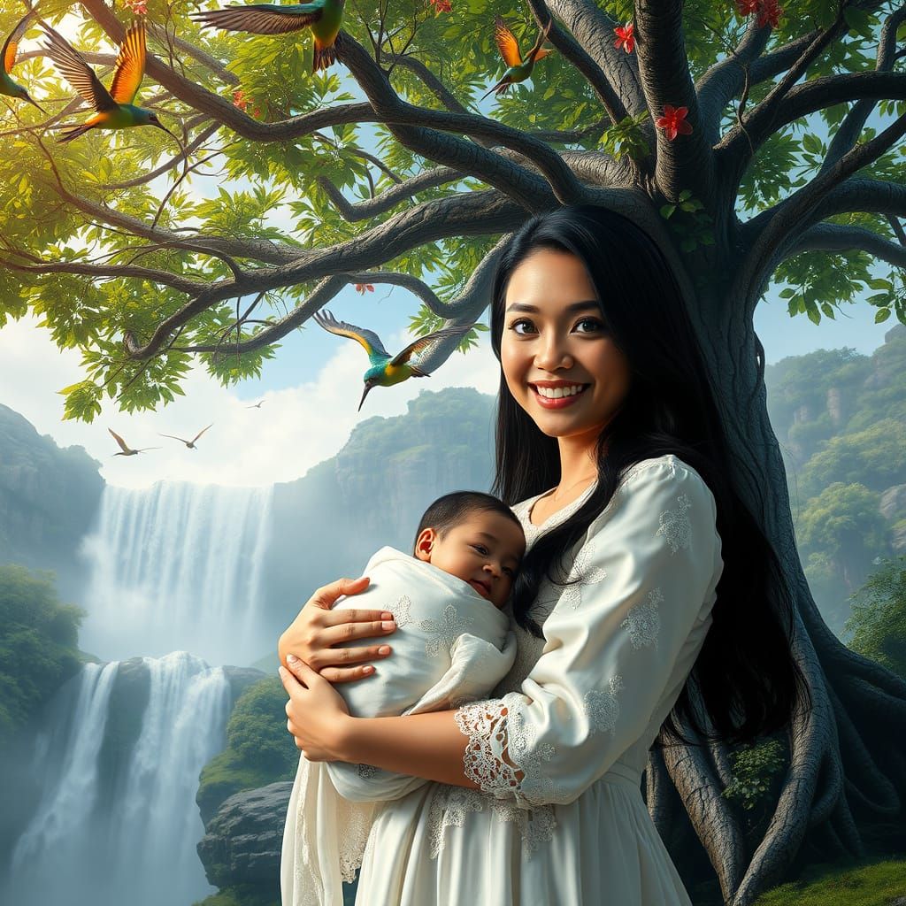 Filipina Mother Gazing Lovingly at Baby in Elegant Landscape