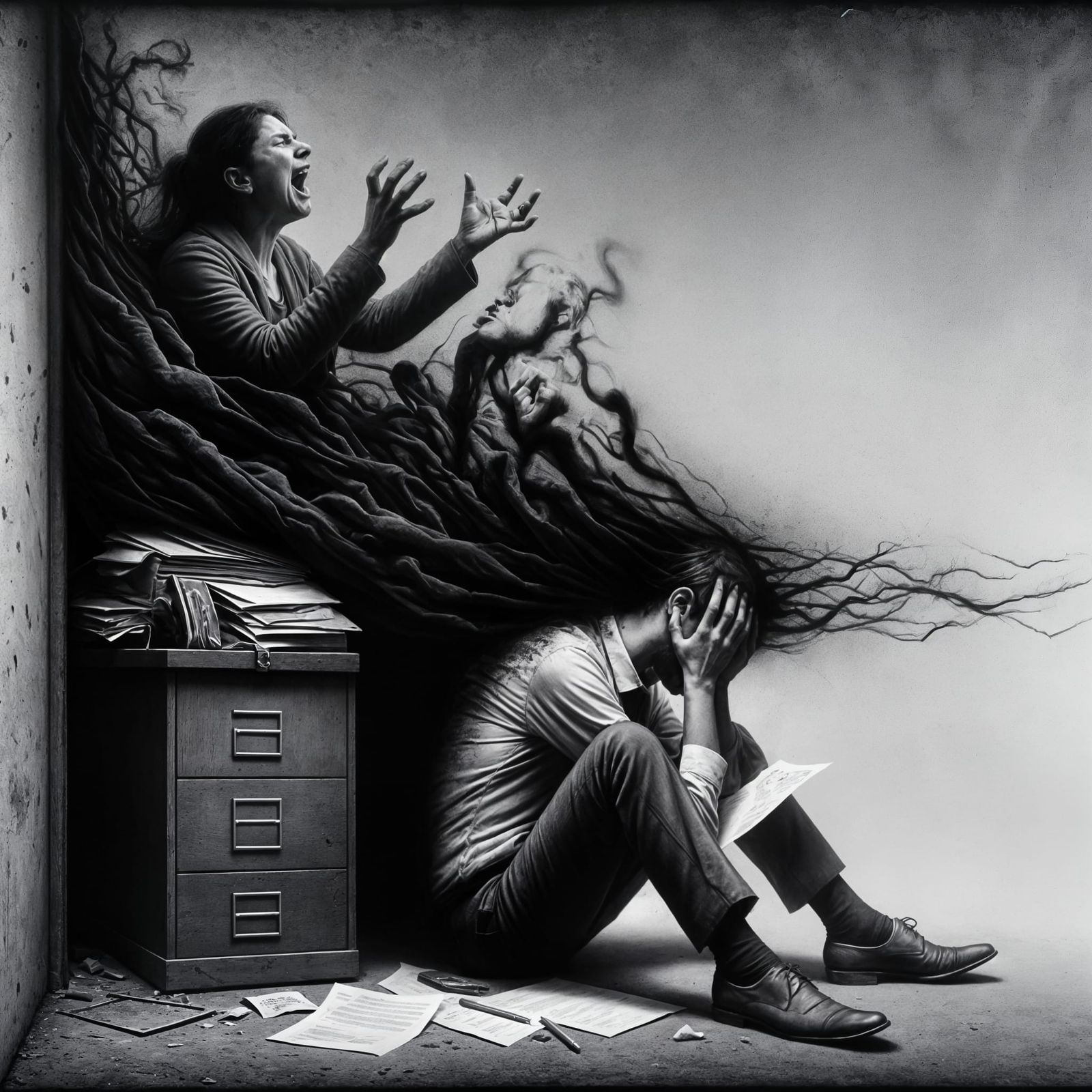 Monochrome Despair: Man Confronts Foreclosure