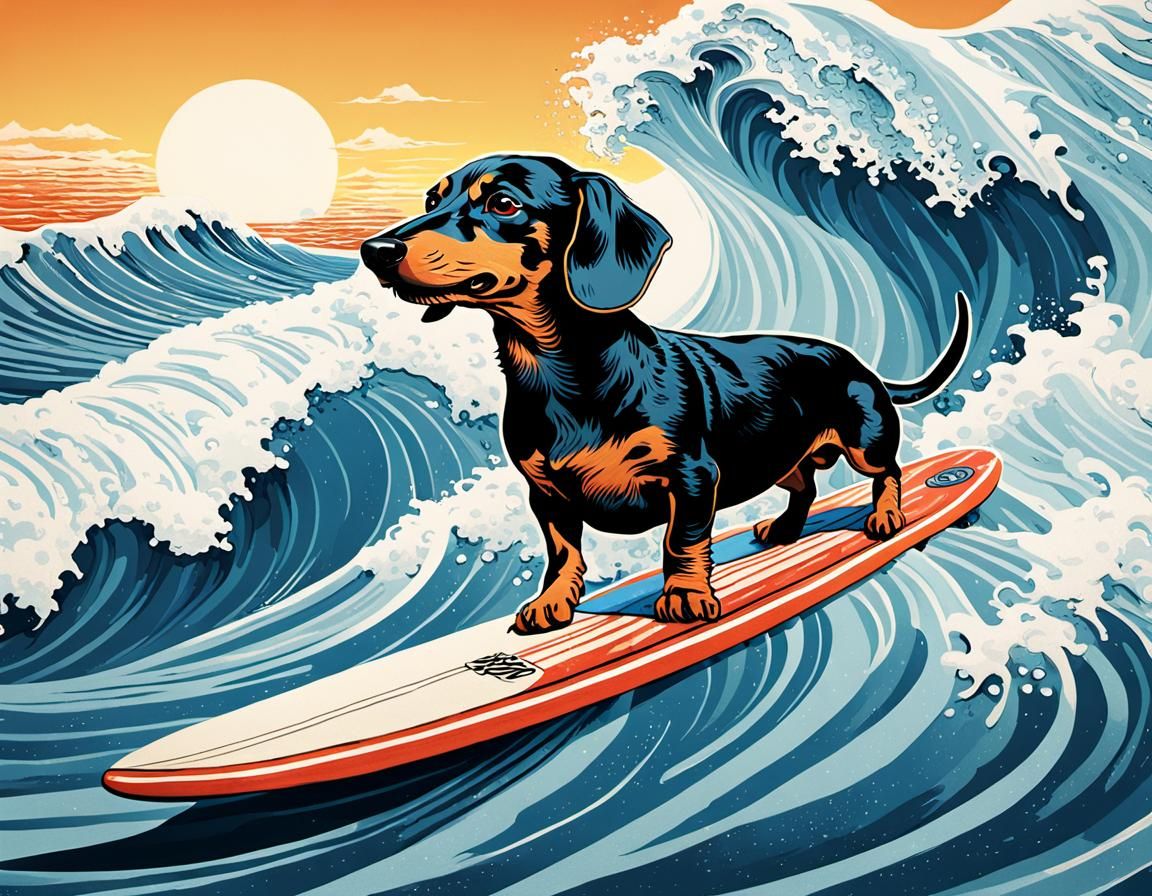 Dachshund Surfing a Wave in Ukiyo-e Style
