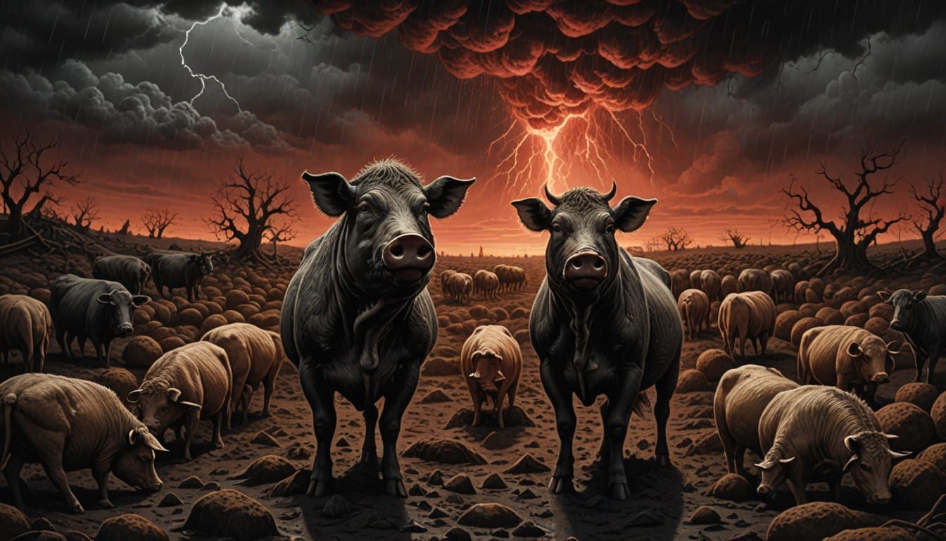 Surreal Creatures Watch Crimson Potato Rain in Dark Fairy Ta...