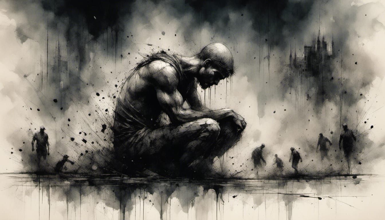 Humanity Grappling with Consequences in Charcoal and Ink