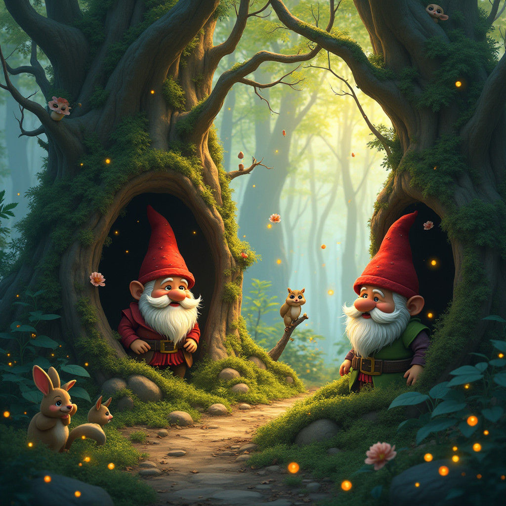 Enchanted Forest Scene with Dwarves in Matte Painting Style