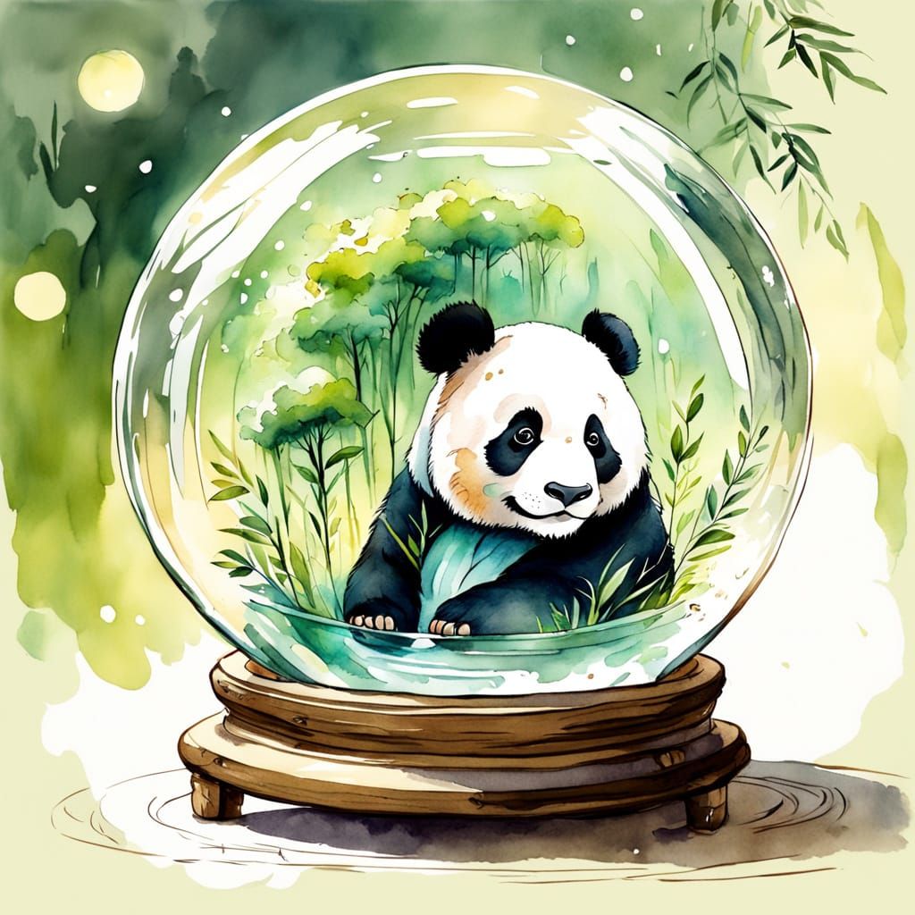 Whimsical Panda World Inside Glass Ball Watercolor Sketch
