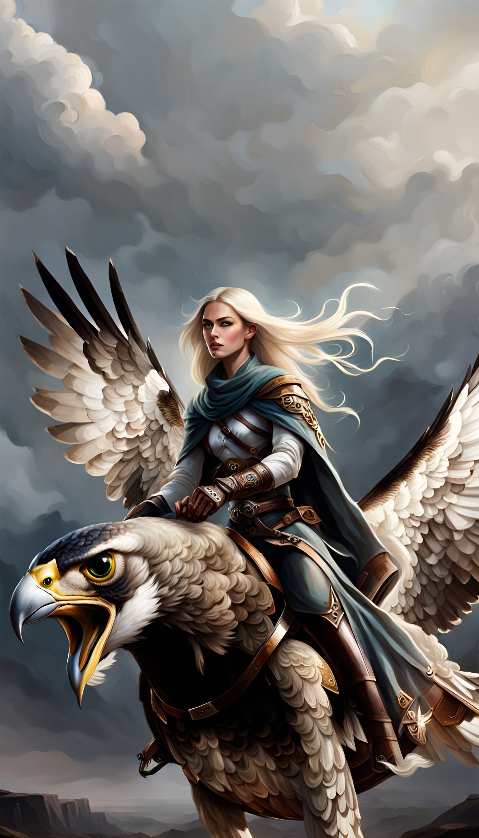 Girl with Pale Hair Riding a Falcon