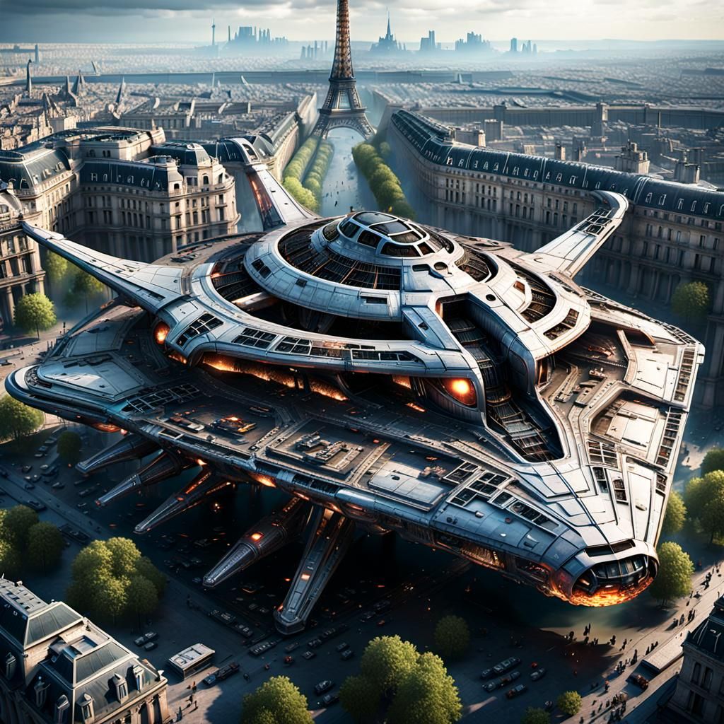Paris Ruins Under Alien Starship: Realistic Sci-Fi Art