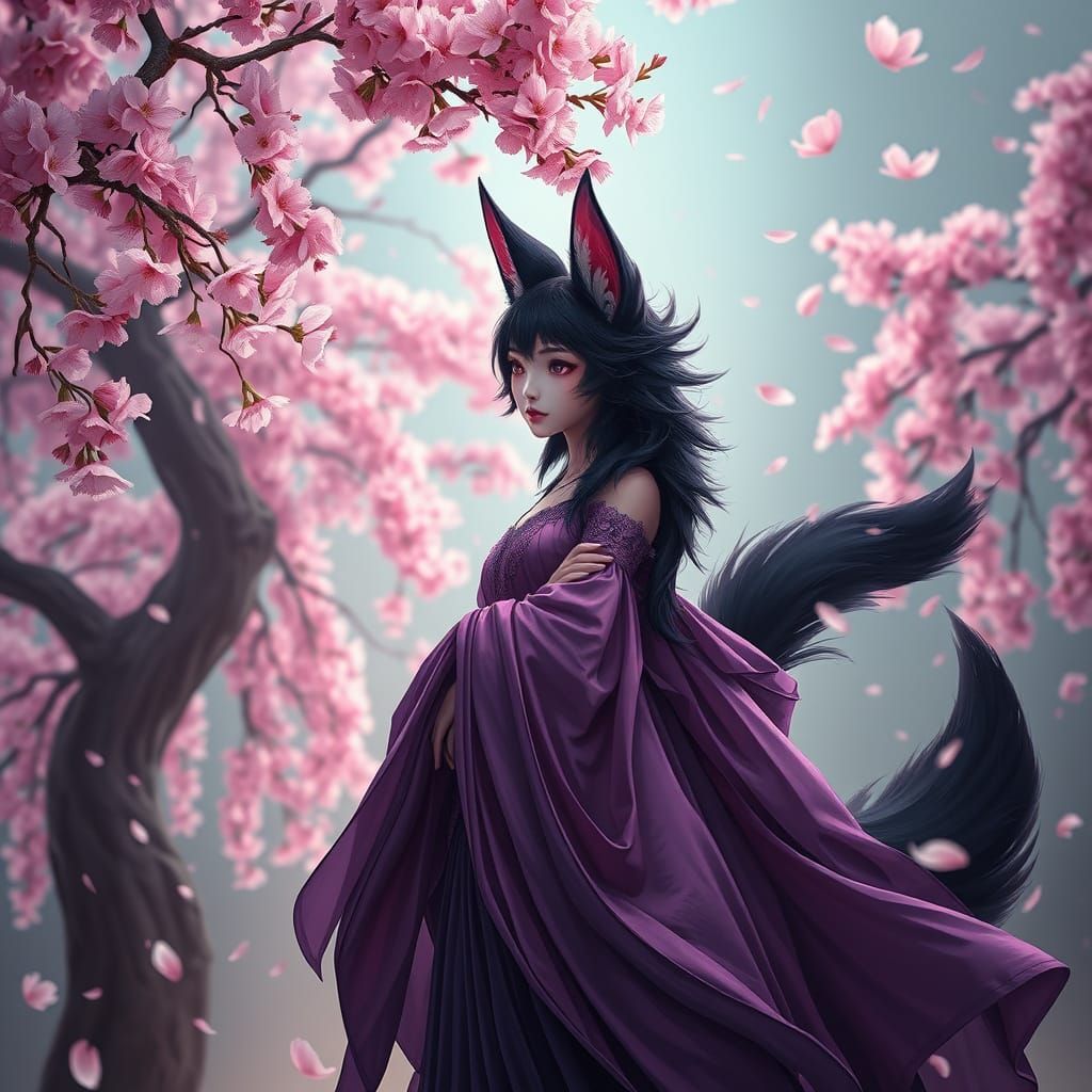 Kitsune Portrait with Cherry Blossoms in Dark Fantasy Style