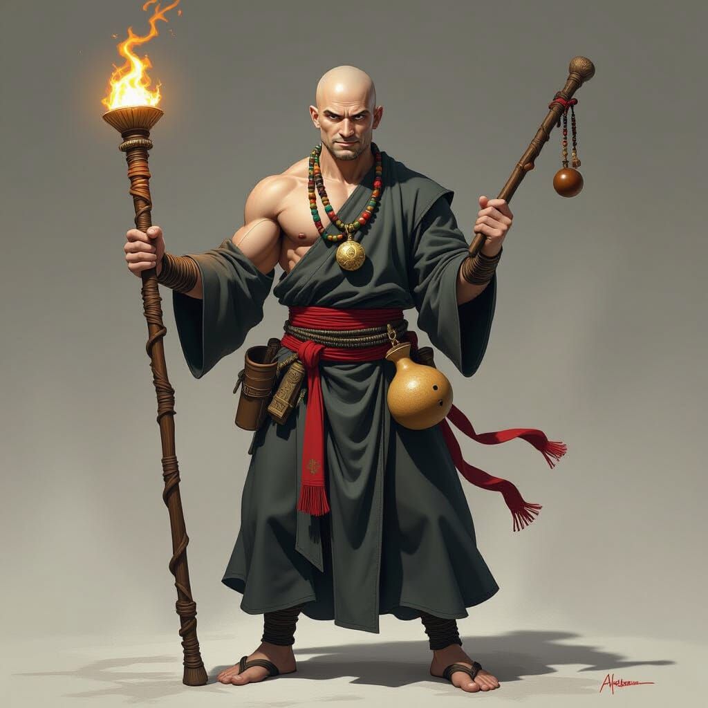 Magical Monk with Quarterstaff in Comic Book Style