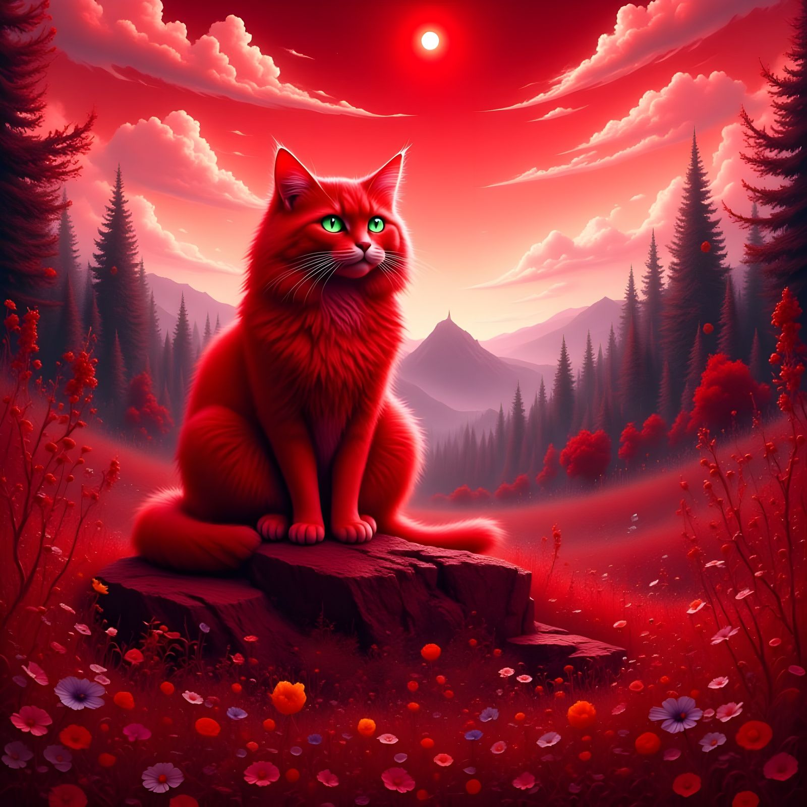 Vibrant Crimson Cat Perched on Red Rock in Hyperrealistic La...